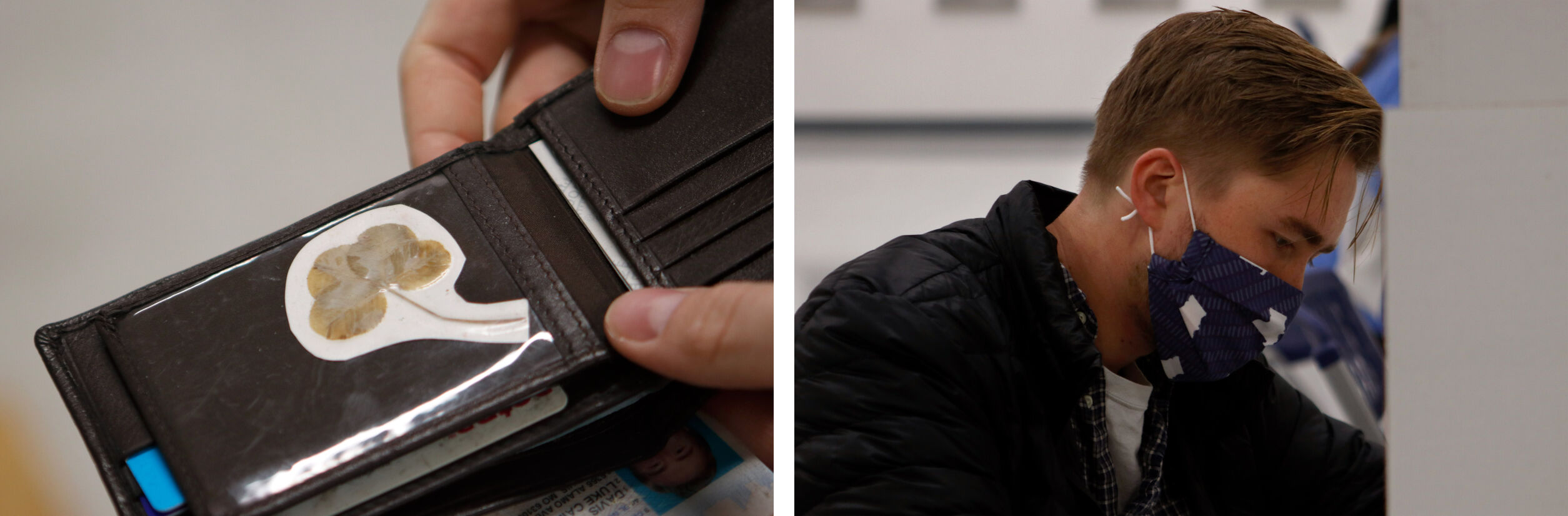 Luke Davis shows a four-leaf clover he keeps in his wallet (diptych)